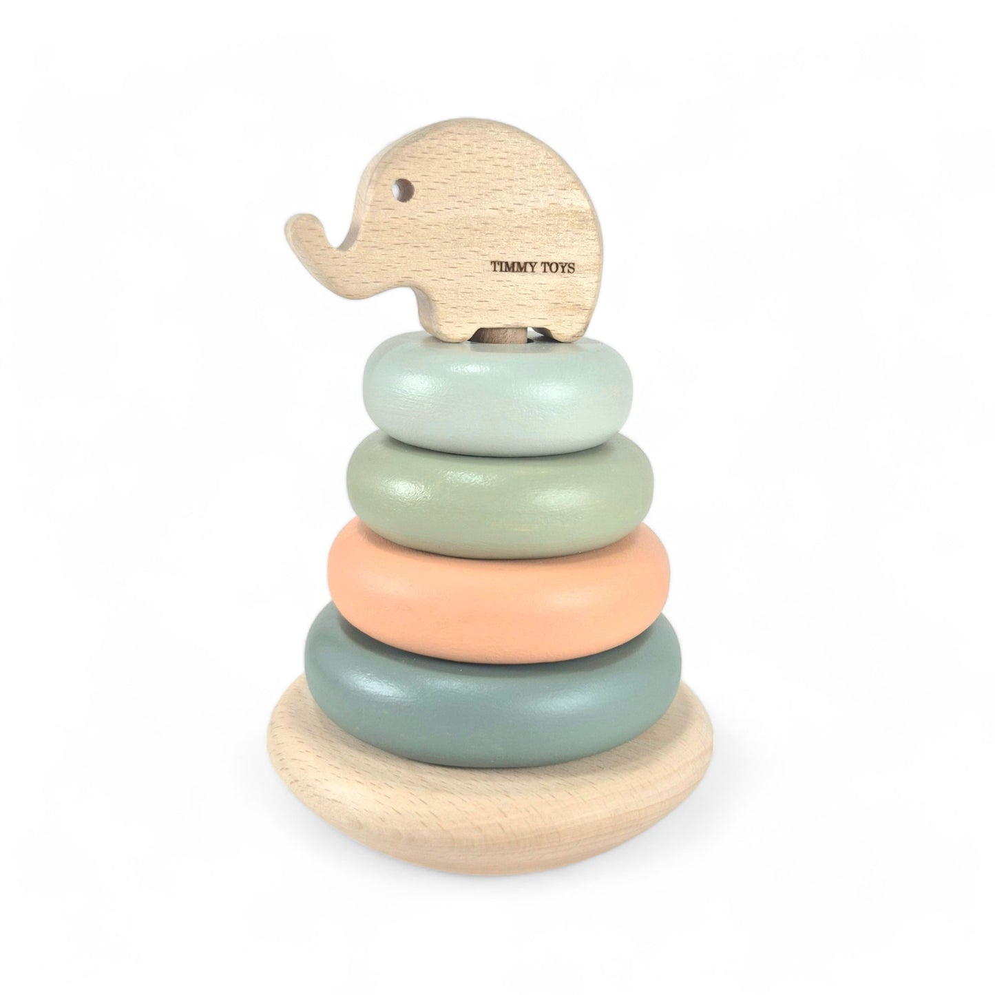 Elephant-themed wooden baby ring stacker by Timmy Toys, featuring colorful rings on a wobbly base, designed to enhance motor skills and creativity in toddlers aged 12 months and up. Made from durable, non-toxic beech wood, this charming stacker doubles as playful nursery decor and a thoughtful gift option.