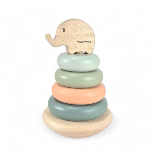 Elephant-themed wooden baby ring stacker by Timmy Toys, featuring colorful rings on a wobbly base, designed to enhance motor skills and creativity in toddlers aged 12 months and up. Made from durable, non-toxic beech wood, this charming stacker doubles as playful nursery decor and a thoughtful gift option.