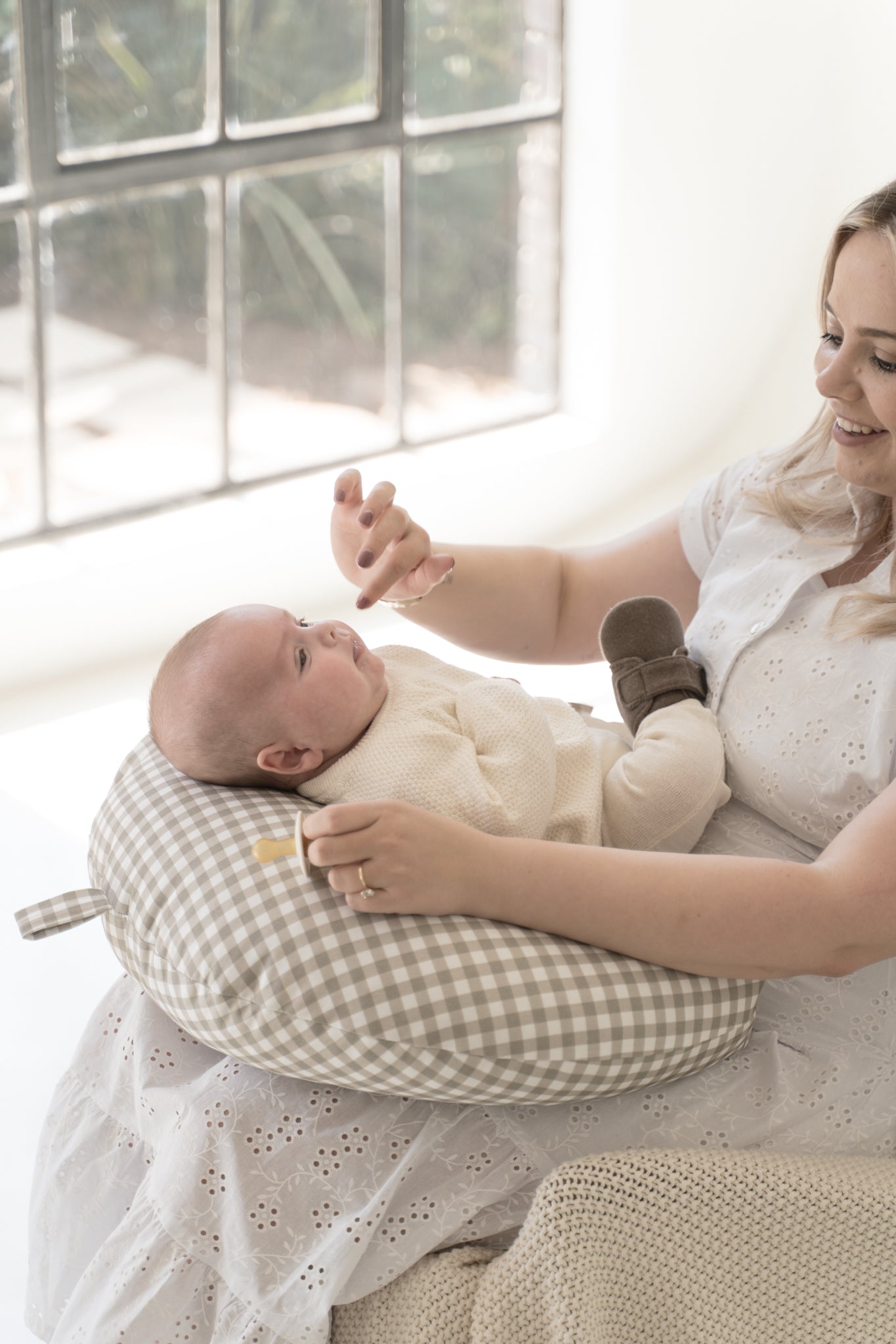 Ash Brown Gingham Crescent Nursing Cushion